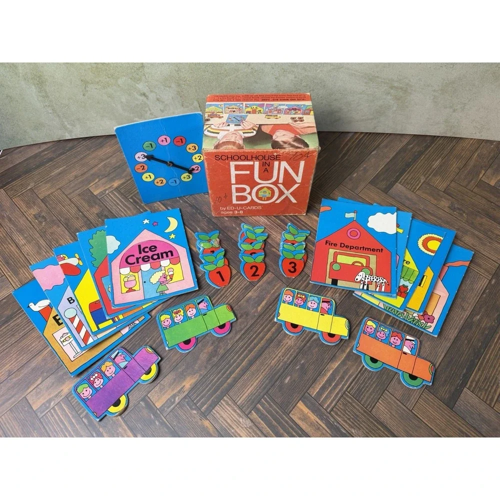Vintage 1969 Ed-U-Cards Fun Box Plus and Minus Schoolbus Game